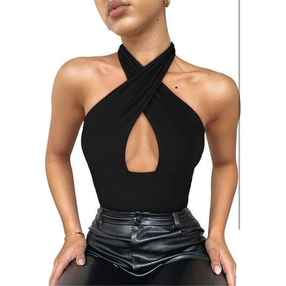 NEW REORIA Criss Cross Halter Neck Bodysuit Top Clubwear L - Picture 4 of 6